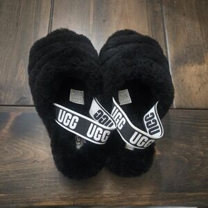 UGG Black Fluffy Slides with Logo Strap